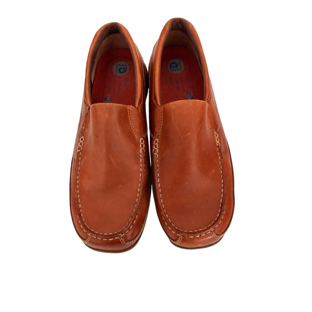 Dunham by New Balance Mens Tan Leather Slip On Moc Toe Loafers Casual Shoes